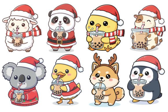 Cute Christmas Boba Tea Animals SVG: Graphics & T-Shirt Designs