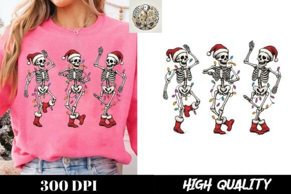 Funny Dancing Skeletons with Santa Hats Graphics for T-Shirts