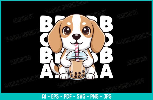 Kawaii Beagle Puppy Drinking Bubble Tea Graphics